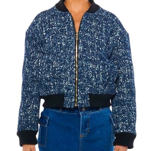 Callie Lives Miz Micro Denim Blue Pixel Weave Akira Bomber Jacket Coat SMALL - Picture 7 of 7